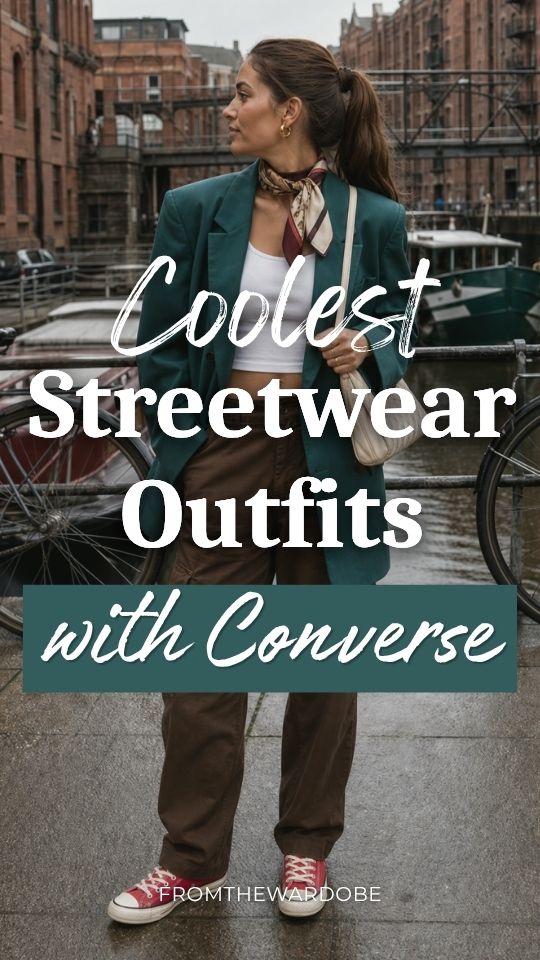 A woman wears a streetwear outfit with converse, a teal blazer, white cropped top, brown trousers