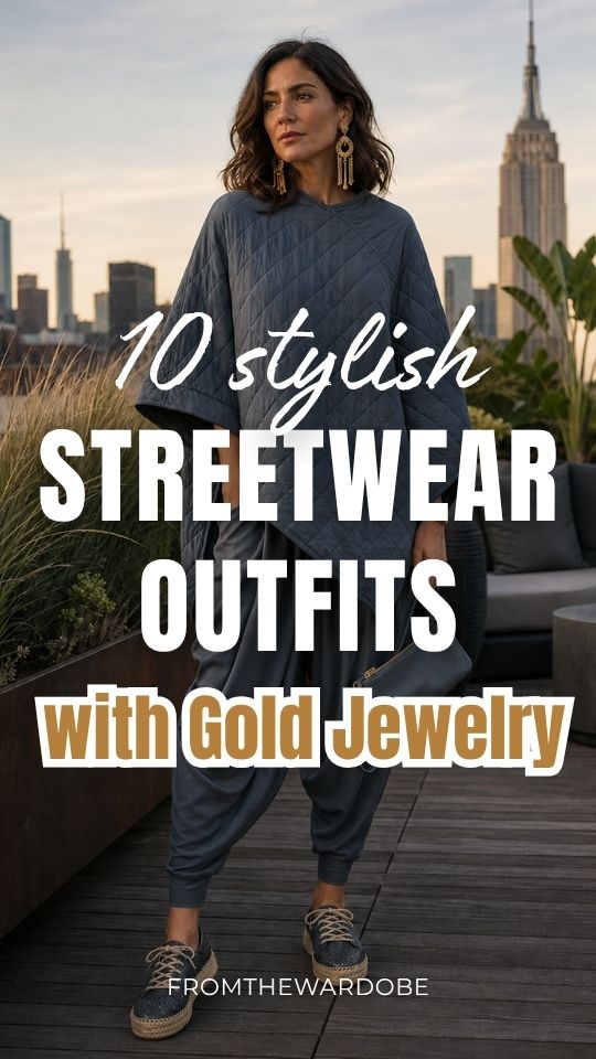 A woman wears a streetwear outfit with gold jewelry, a gray quilted sweatshirt, gray joggers, and sneakers