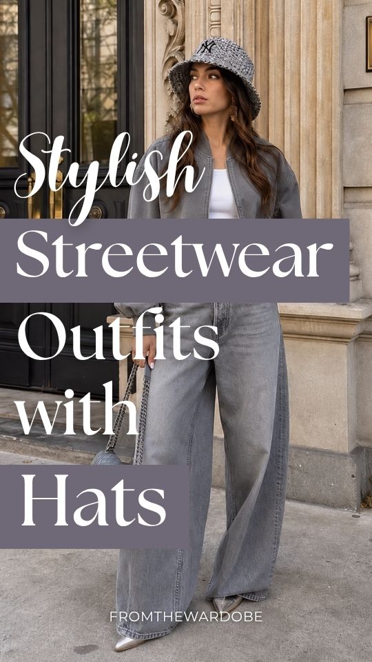 A woman wears a streetwear outfit with hat, a gray cropped jacket, white crop top, wide-leg jeans, pointed shoes