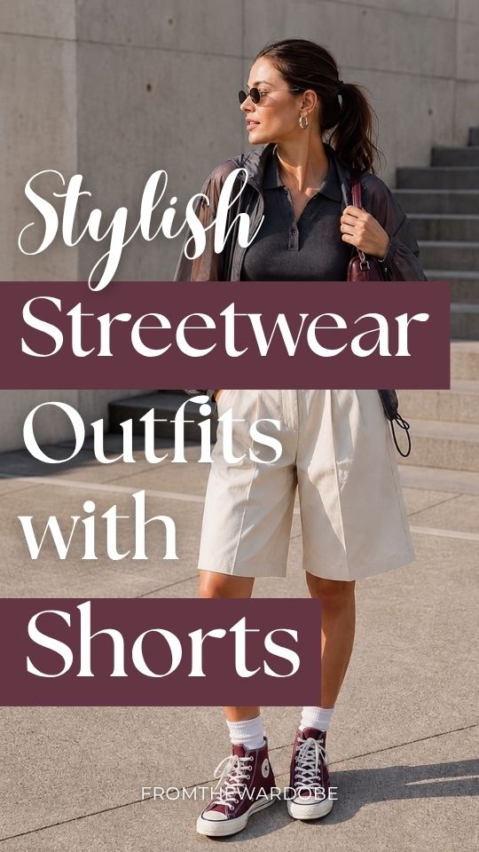 A woman wears a streetwear outfit with shorts, a sheer black jacket, cropped dark polo top, burgundy high-top sneakers