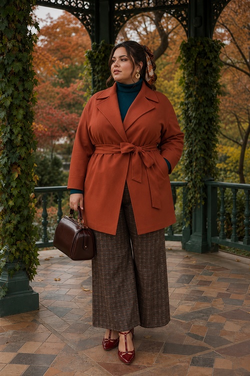 Plus-size woman in a rust wrap coat, plaid wide-leg pants, and red heels in a fall gazebo