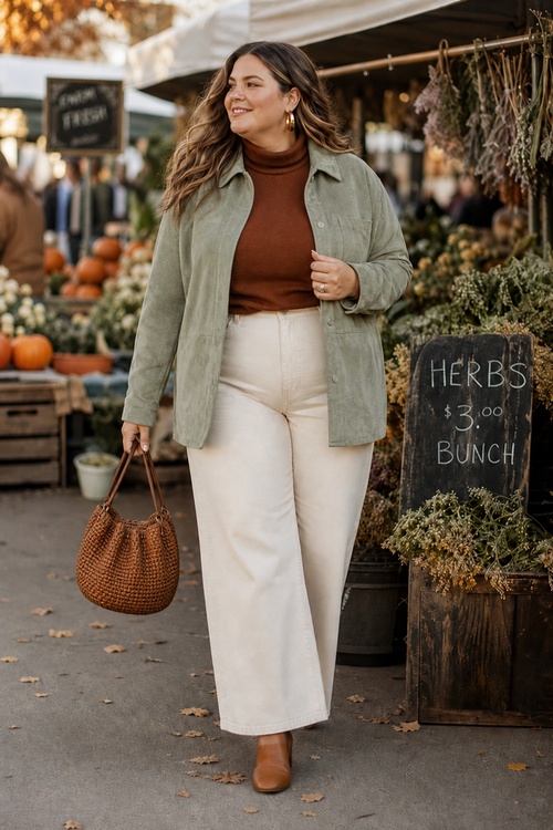 Plus-size woman in a sage green jacket, brown turtleneck, and cream wide-leg pants at a fall farmers market.