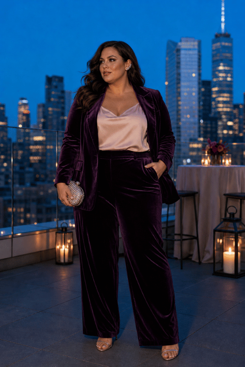 Plus-size woman wearing a deep purple velvet pantsuit with a champagne satin camisole, metallic strappy heels, and a crystal evening clutch on a rooftop bar at night