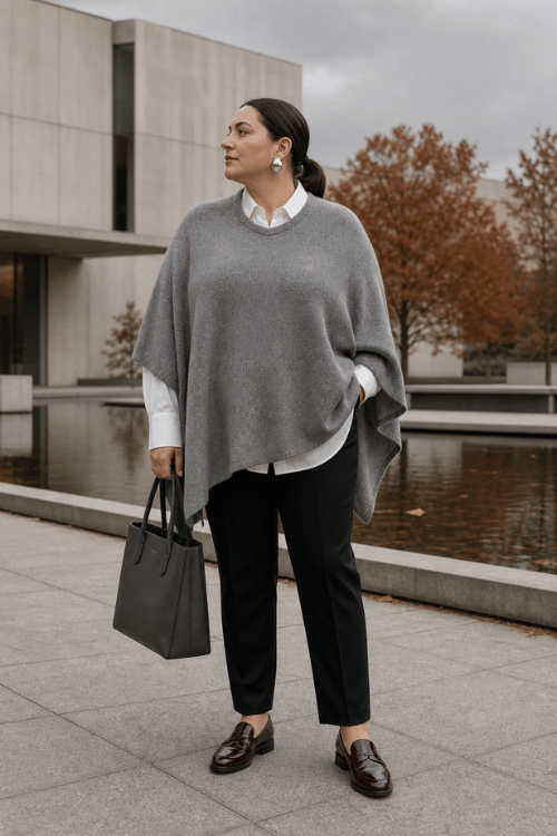Plus-size woman wearing a gray knit poncho over a white button-down shirt with black ankle-length trousers, dark brown loafers, and a structured charcoal tote bag.