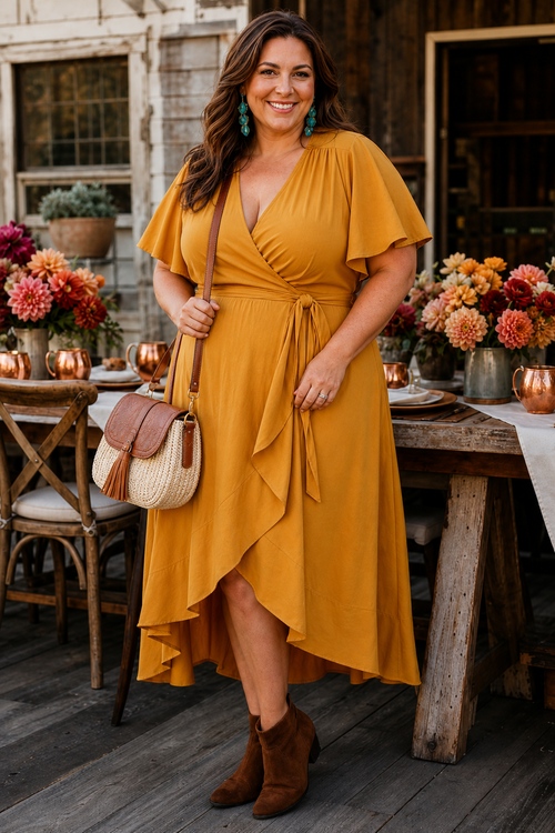 Plus-size woman wearing a mustard wrap dress with brown ankle boots and a woven crossbody bag at an outdoor venue.