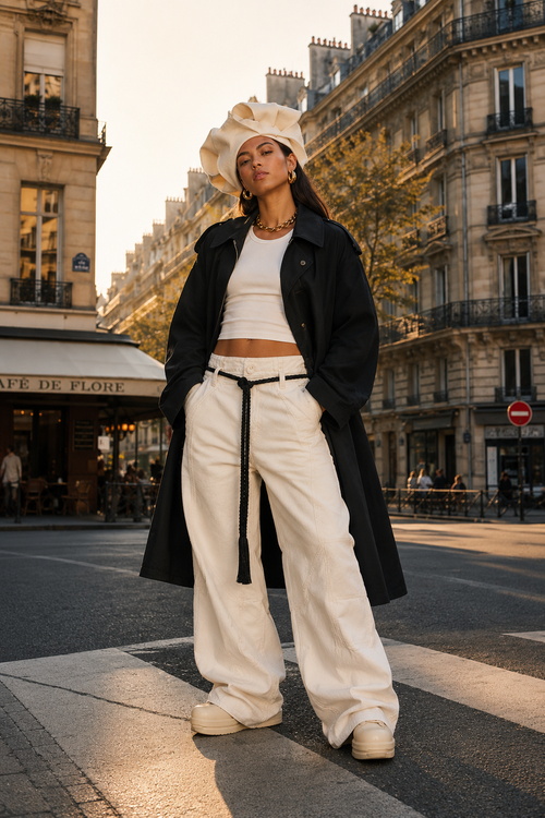 Woman in a black coat and wide-leg pants on a Paris street.