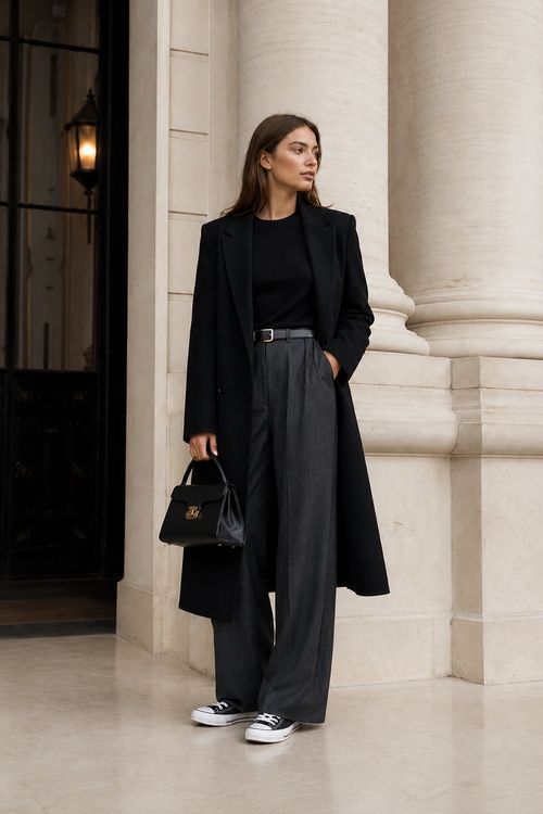 Woman in a black coat, wide-leg trousers, and black Converse