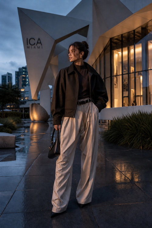 Woman in a black cropped jacket outside a modern museum.