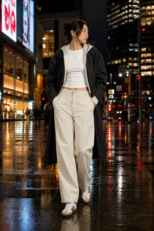 Woman in a black long coat, gray hoodie, white cropped tee, cream wide-leg pants, and sneakers walking through a rainy city at night.