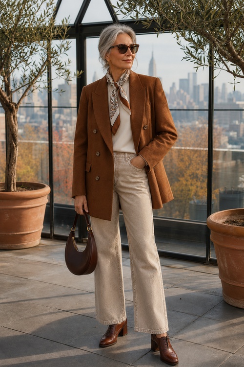 Woman in a brown blazer, cream wide-leg pants, and brown heels on a rooftop terrace in fall.