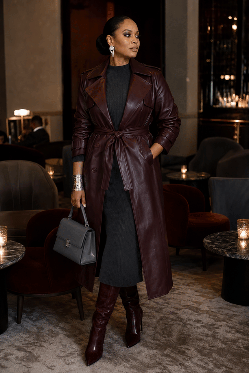 Woman in a burgundy leather trench coat with knee-high boots in an elegant hotel lounge