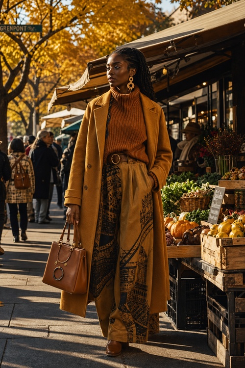 Woman in a camel coat and printed wide-leg pants at a fall farmers market.