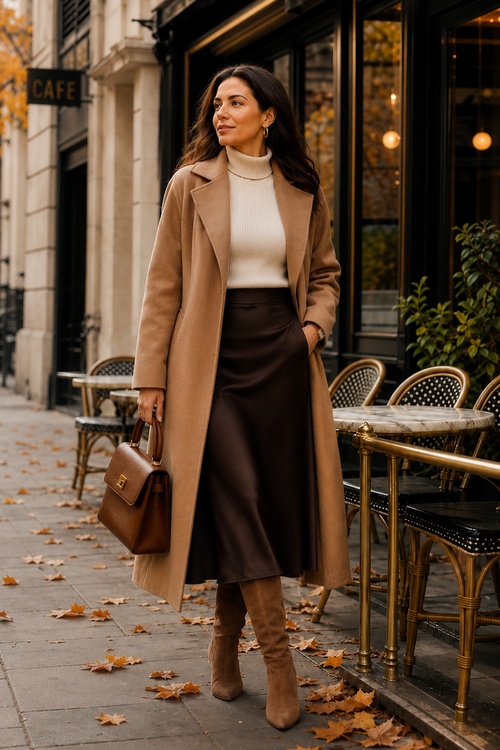 Woman in a camel coat, cream turtleneck, brown satin skirt, and knee-high boots on a fall city street.