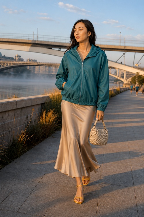 Woman in a champagne satin skirt and teal windbreaker walking along a riverside promenade.