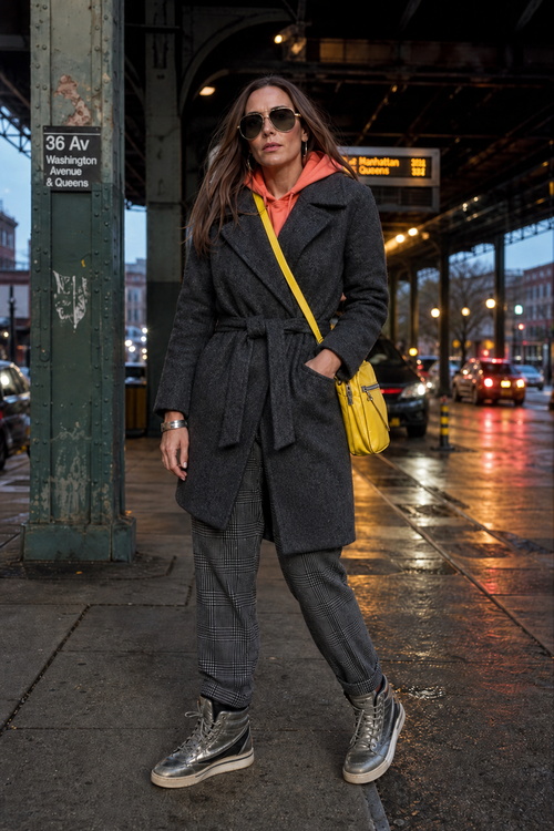 Woman in a charcoal belted coat on a rainy city street.