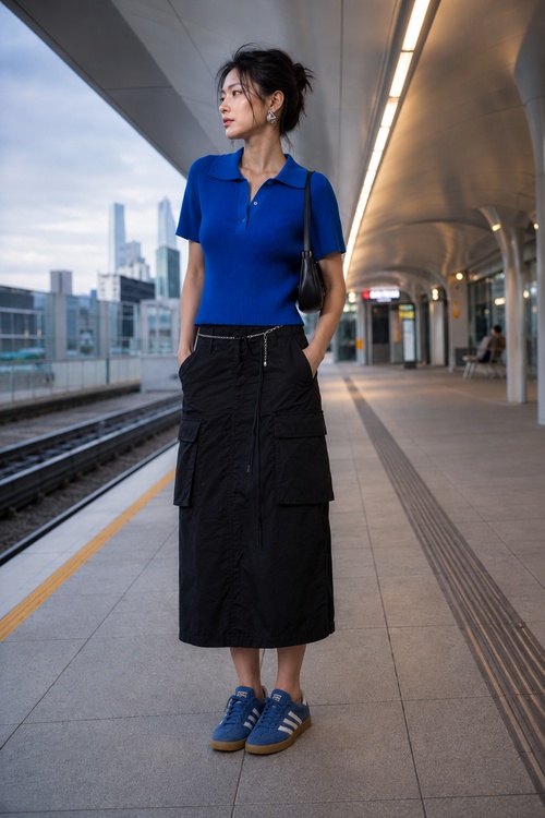 Woman in a cobalt blue knit polo top, black cargo midi skirt, blue sneakers, and a black shoulder bag at a modern train station.