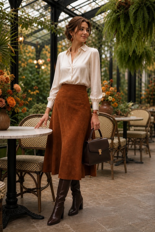 Woman in a cream blouse, brown suede midi skirt, and knee-high boots in a greenhouse café.