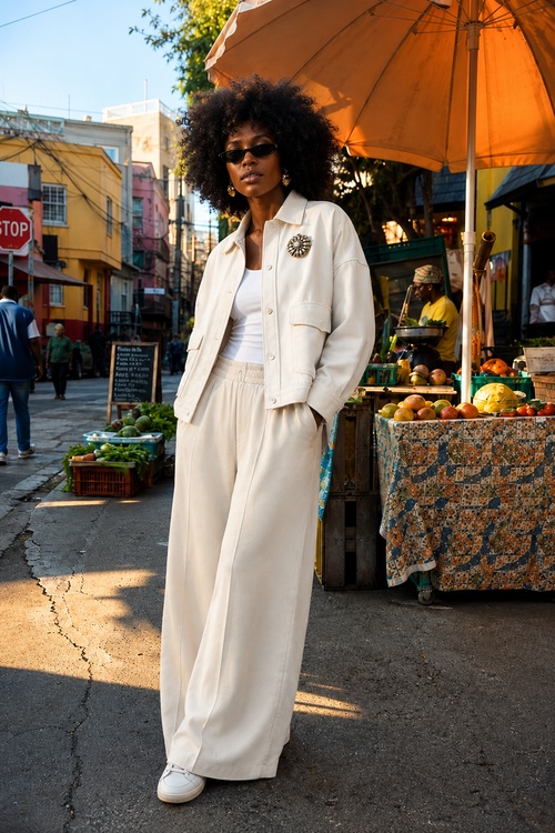 Woman in a cream casual outfit with wide-leg pants at a street market.
