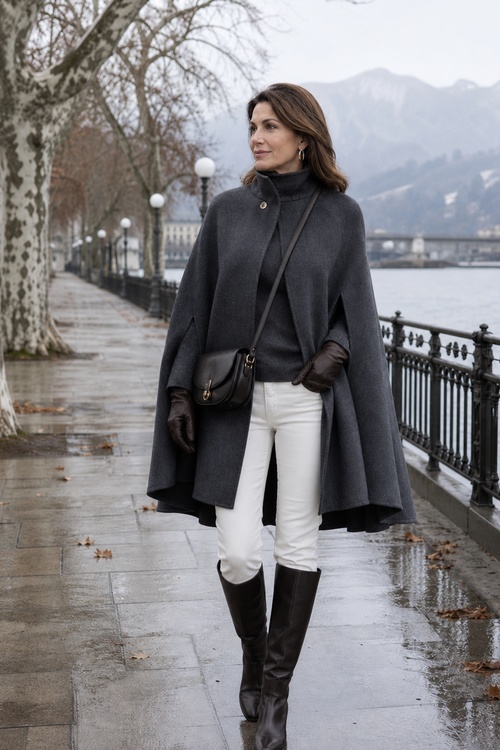 Woman in a gray cape, white pants, and knee-high boots walking along a riverside in fall.