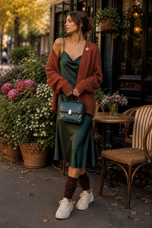 Woman in a green satin slip dress and rust cardigan outside a cozy café in fall.