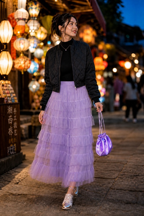 Woman in a lavender tulle skirt with a black quilted jacket at a lantern-lit night market.