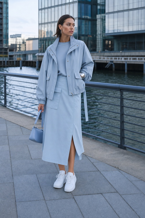Woman in a light blue skirt outfit by the waterfront.