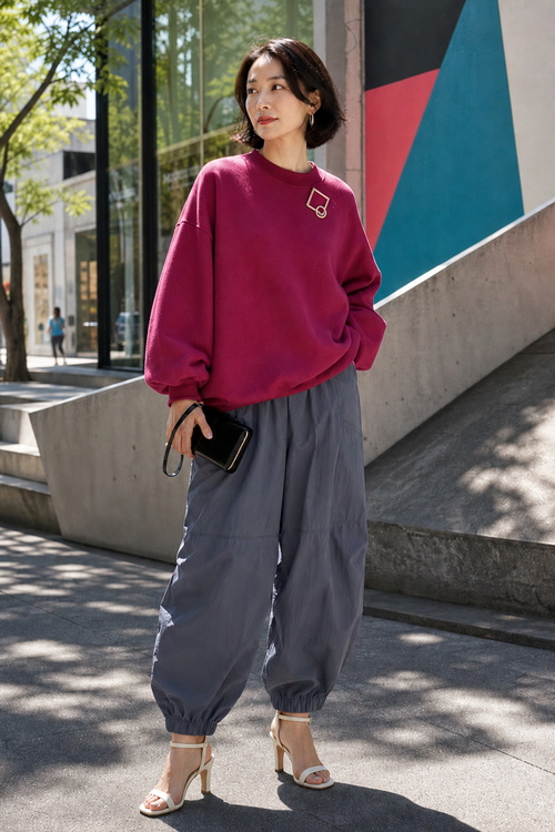 Woman in a magenta sweatshirt and heels on a city street.