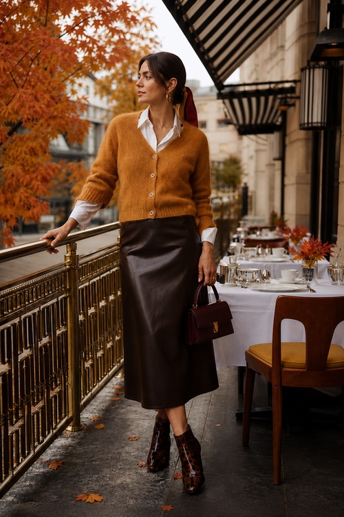 Woman in a mustard cardigan, brown leather midi skirt, and ankle boots on a fall restaurant terrace.