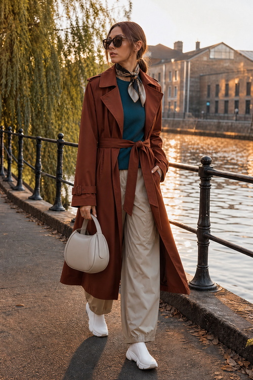 Woman in a rust trench coat walking beside a canal.