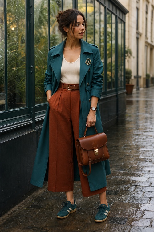 Woman in a teal trench coat, cream tank top, rust wide-leg pants, and teal sneakers holding a brown leather handbag on a rainy street.
