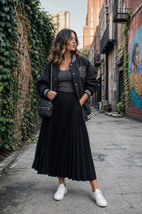 Woman in a varsity jacket and black pleated skirt.