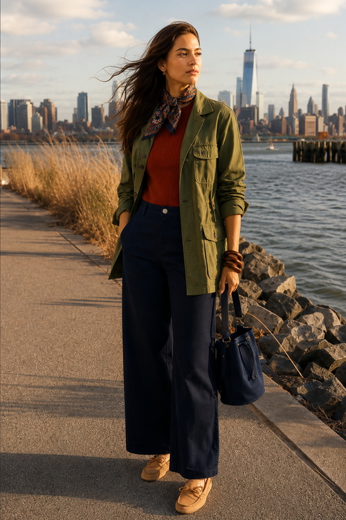 Woman in an olive jacket by the waterfront.