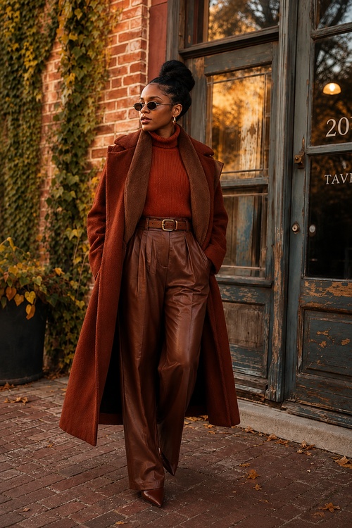 Woman in brown leather pants and a rust coat on an autumn city street.