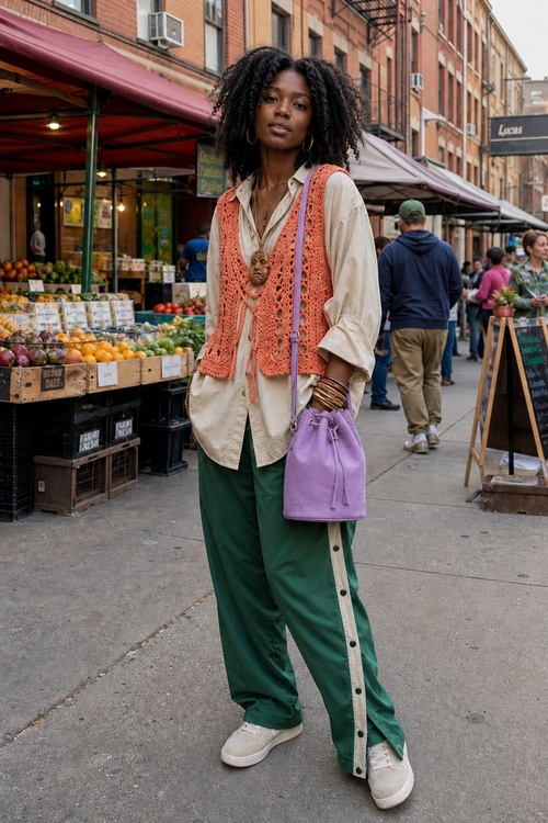 Woman in green pants with a crochet vest and lavender bucket bag at a farmers market.