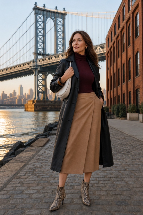 Woman wearing a black leather coat with a burgundy turtleneck, camel wrap skirt, and snakeskin ankle boots by the waterfront.