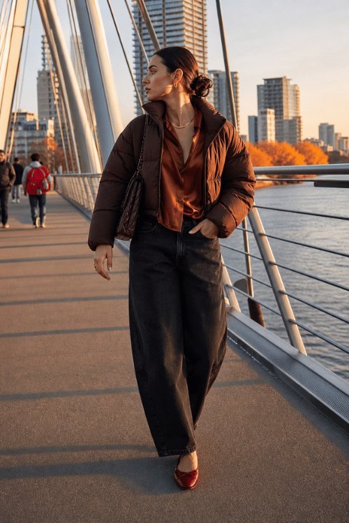 Woman wearing a brown puffer jacket, satin blouse, wide-leg jeans, and burgundy flats on a bridge.