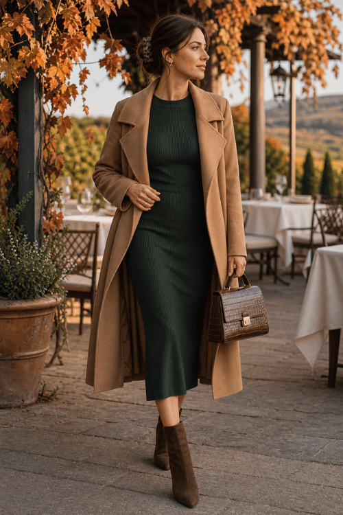 Woman wearing a camel wool coat over a dark green ribbed knit midi dress with brown suede ankle boots and a crocodile-embossed structured handbag at an elegant outdoor restaurant.