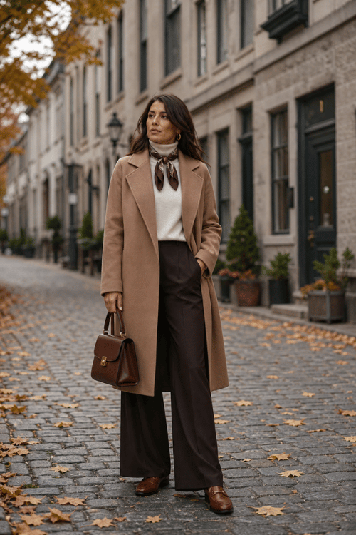 Woman wearing a camel wool coat over a white sweater with dark chocolate wide-leg trousers, a printed neck scarf, brown leather loafers, and a structured brown handbag.