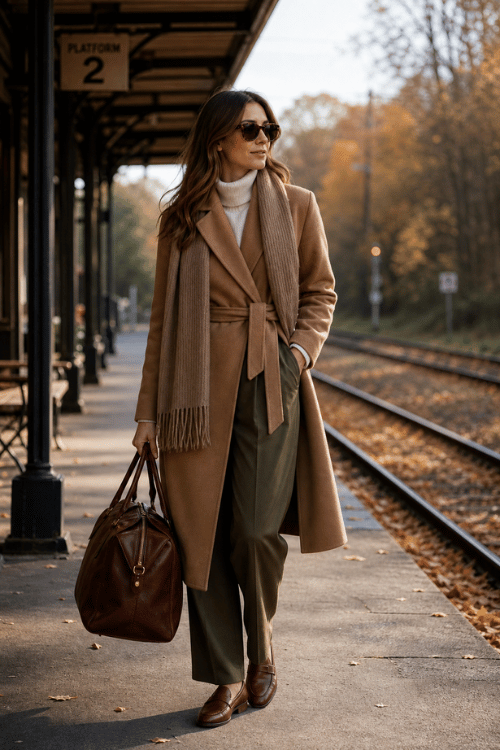 Woman wearing a camel wrap coat, white turtleneck, tailored trousers, loafers, and a leather duffel.