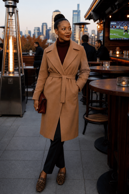 Woman wearing a camel wrap coat with a burgundy turtleneck, black trousers, and leopard-print loafers at a rooftop bar.