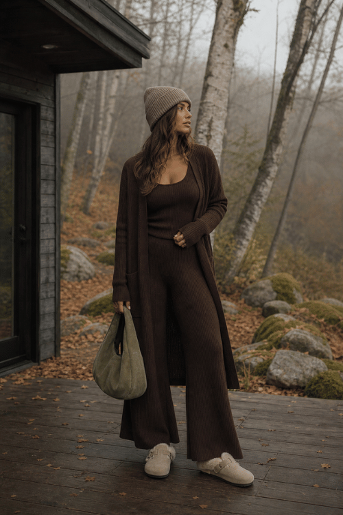Woman wearing a chocolate brown knit lounge set with a long cardigan, wide-leg knit pants, beige knit beanie, cozy slip-on shoes, and an olive green tote bag.