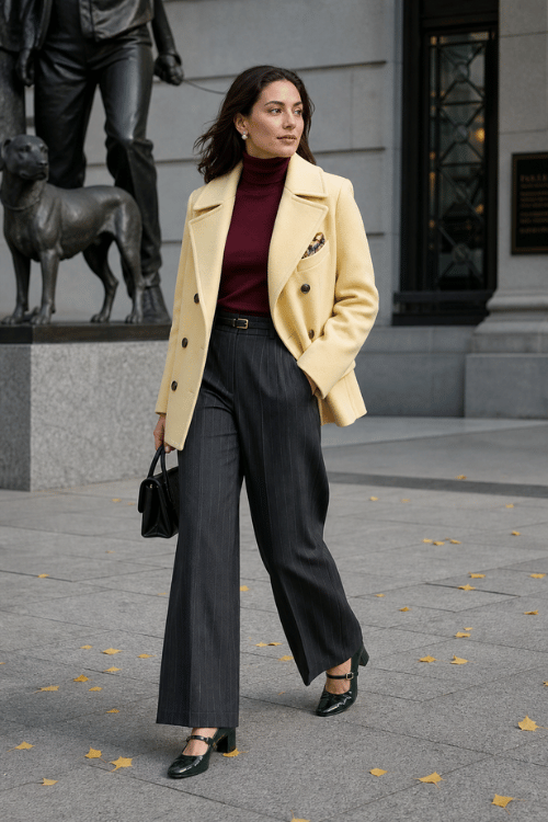 Woman wearing a cream double-breasted peacoat over a burgundy turtleneck with charcoal wide-leg trousers, black Mary Jane heels, and a black top-handle handbag.