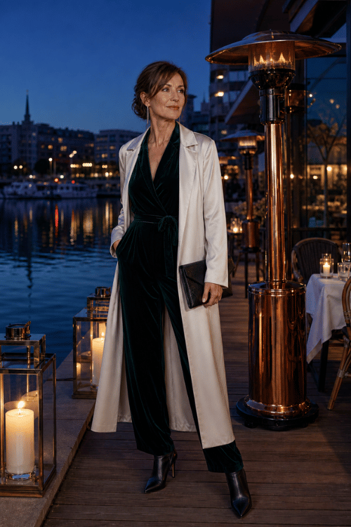 Woman wearing a cream long coat over a dark green velvet wrap jumpsuit with black pointed-toe ankle boots and a black leather clutch at a waterfront restaurant terrace in the evening