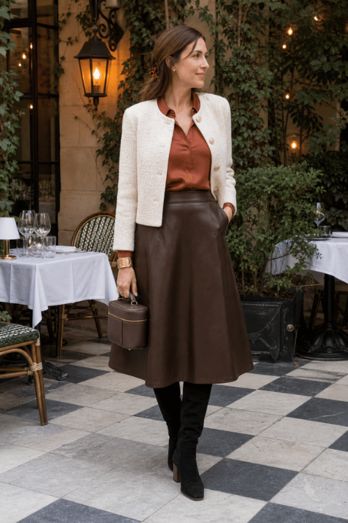Woman wearing a cream textured cropped jacket over a rust satin blouse with a chocolate brown leather midi skirt, black knee-high boots, and a structured brown handbag.