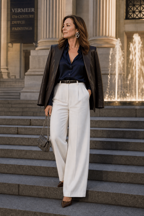 Woman wearing a dark brown leather blazer over a navy satin blouse with white wide-leg trousers, brown pointed-toe pumps, and a silver chain shoulder bag on museum steps