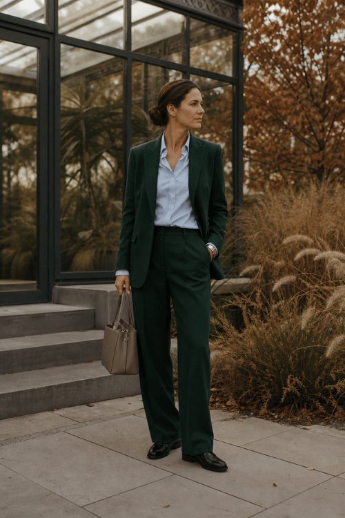 Woman wearing a deep forest green pantsuit with a light blue button-down shirt, black leather loafers, and a taupe structured tote bag.