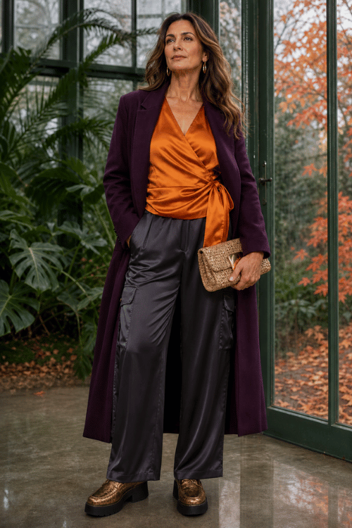 Woman wearing a deep plum long coat over a burnt orange satin wrap blouse with charcoal satin wide-leg trousers, bronze platform loafers, and a snakeskin clutch inside a botanical conservatory