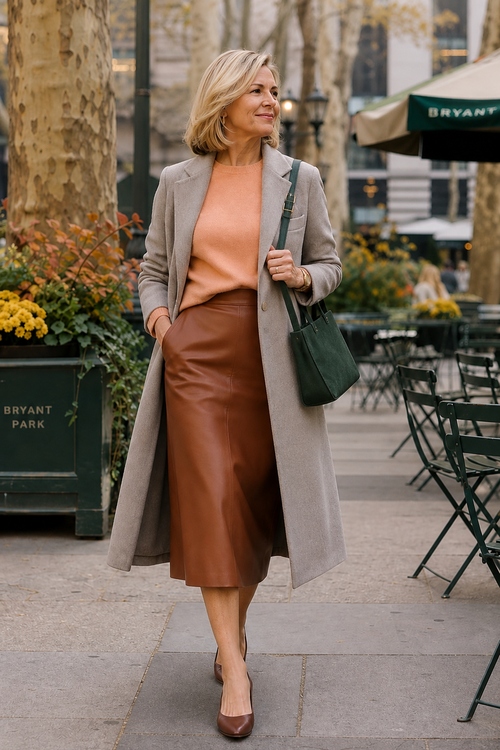 Woman wearing a gray wool coat with a brown leather midi skirt and peach sweater in Bryant Park.
