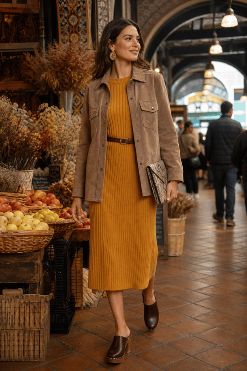 Woman wearing a mustard knit dress, suede overshirt, leather belt, and platform clogs at a market.