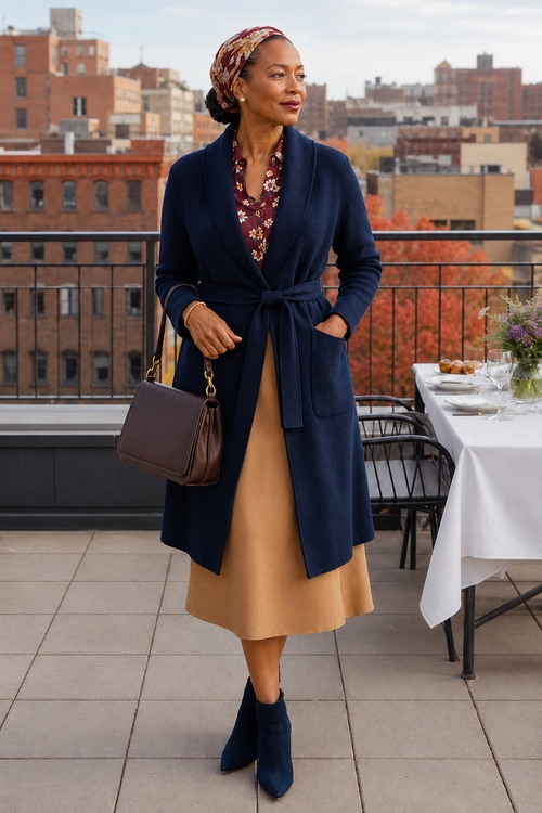 Woman wearing a navy belted cardigan over a floral blouse with a tan midi skirt and navy ankle boots on a rooftop terrace.